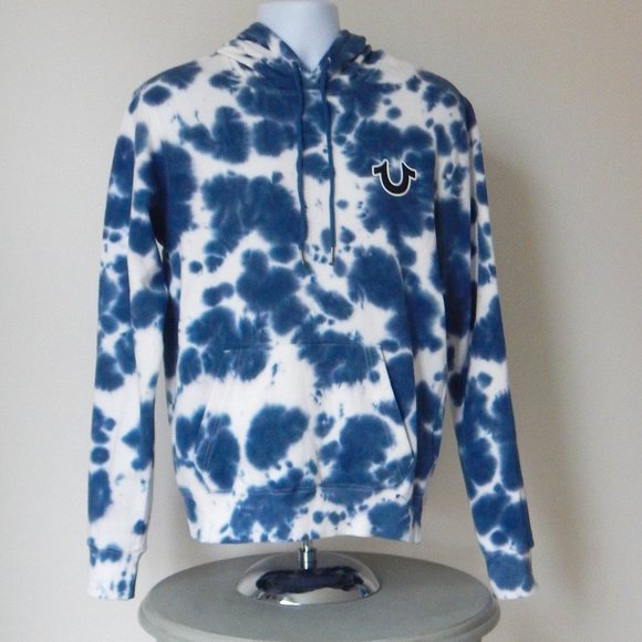 NWT MEN'S TRUE RELIGION BUDDHA TIE DYE PULLOVER HOODIE JACKET DRK BLUE WHITE - Picture 2 of 7